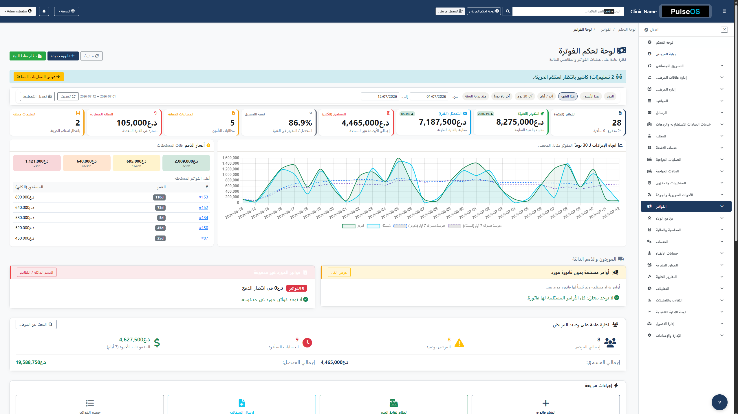 PulseOS billing dashboard with invoices, payments, and IQD revenue summary