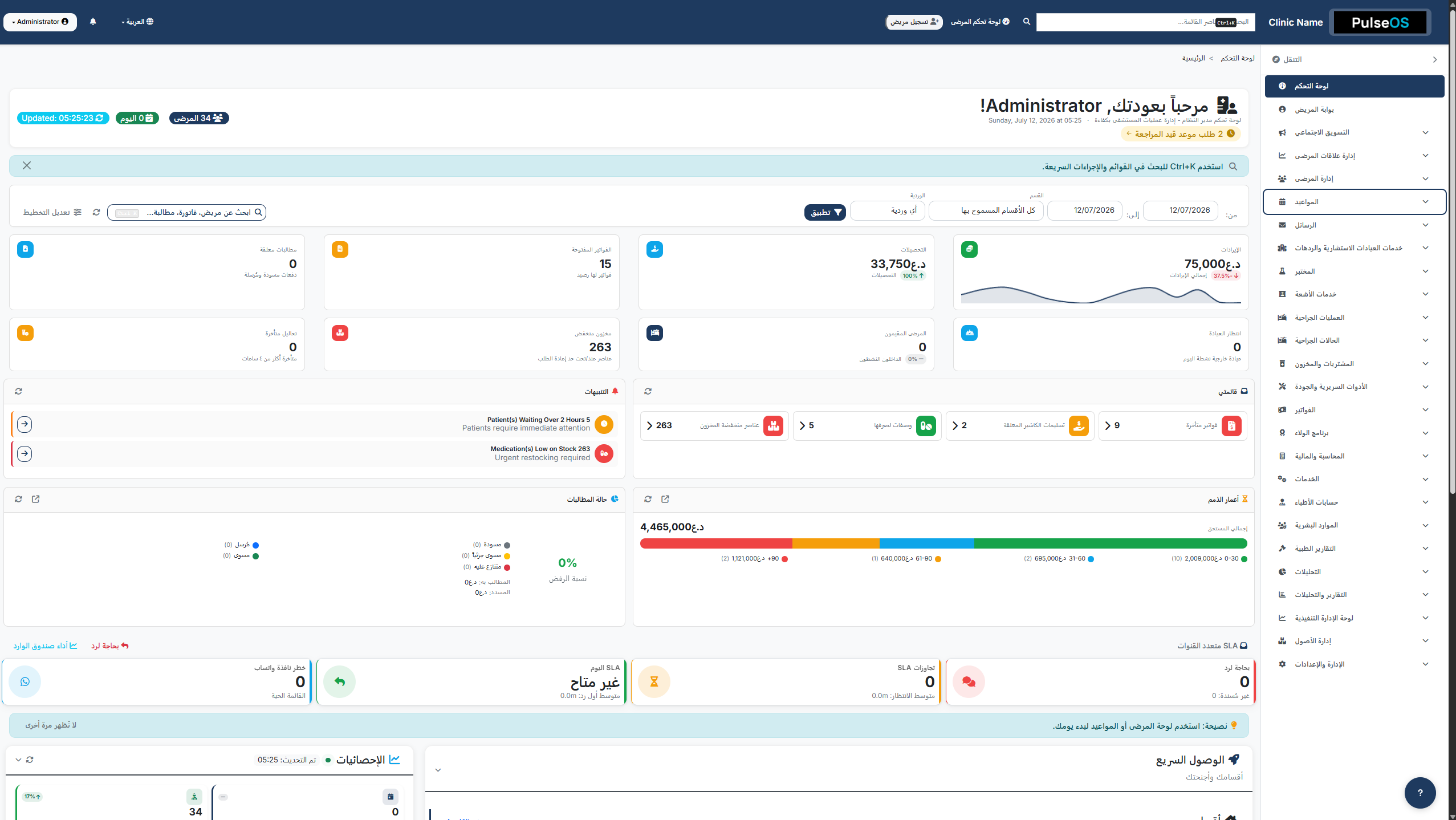 PulseOS administrator dashboard with KPIs, queue alerts, and IQD billing summary
